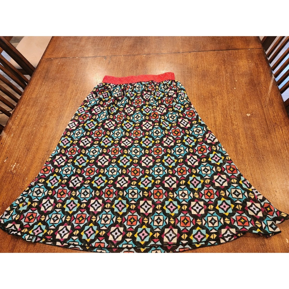 Lularoe Women Lola Black‎ Geometric Skirt Red Waist Band Pull On Small